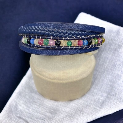 Lacivert Deri Dogal Taş Detaylı 