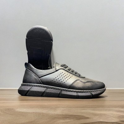 Siyah Deri Lazer Model Sneakers 