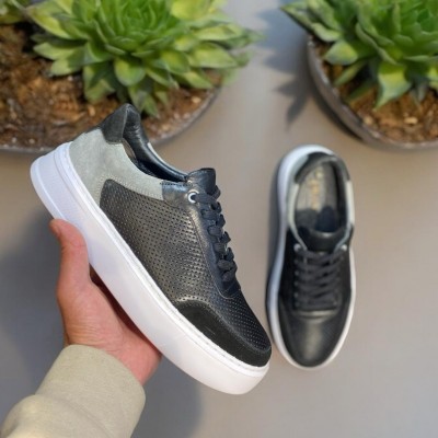 Siyah Deri Gri Garnili Sneakers