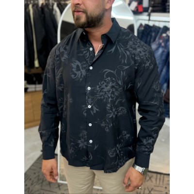 Siyah Çiçek Nakışlı Premium Keten Gömlek