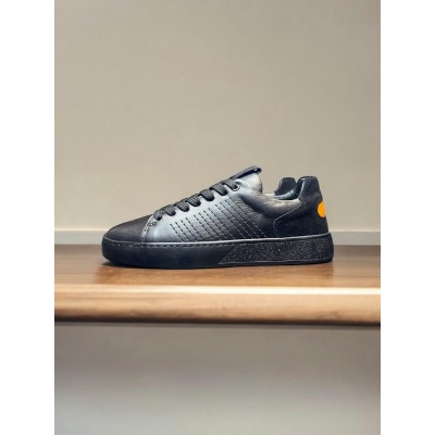 Siyah Deri Sneakers Turuncu Detay 