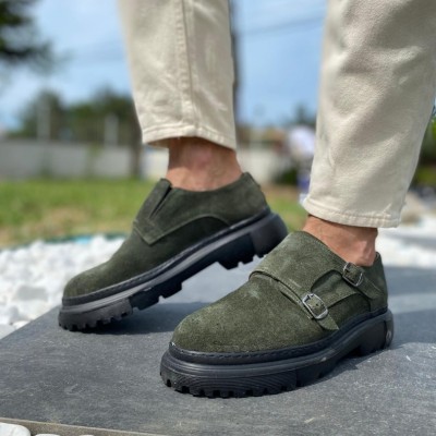 Yeşil Süet Çift Tokalı Loafer 