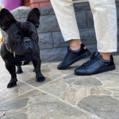 Siyah Deri Sneakers Turuncu Detay 