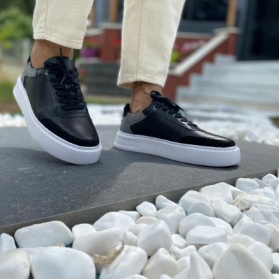Siyah Deri Gri Garnili Sneakers