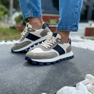Gri Süet Lacivert Deri Ultra Rahat Sneakers 